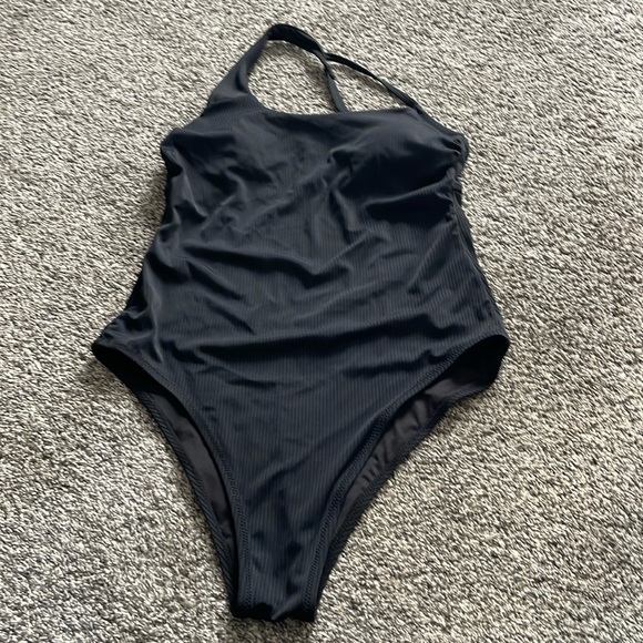 Black ribbed one piece suit with side straps - Picture 1 of 2
